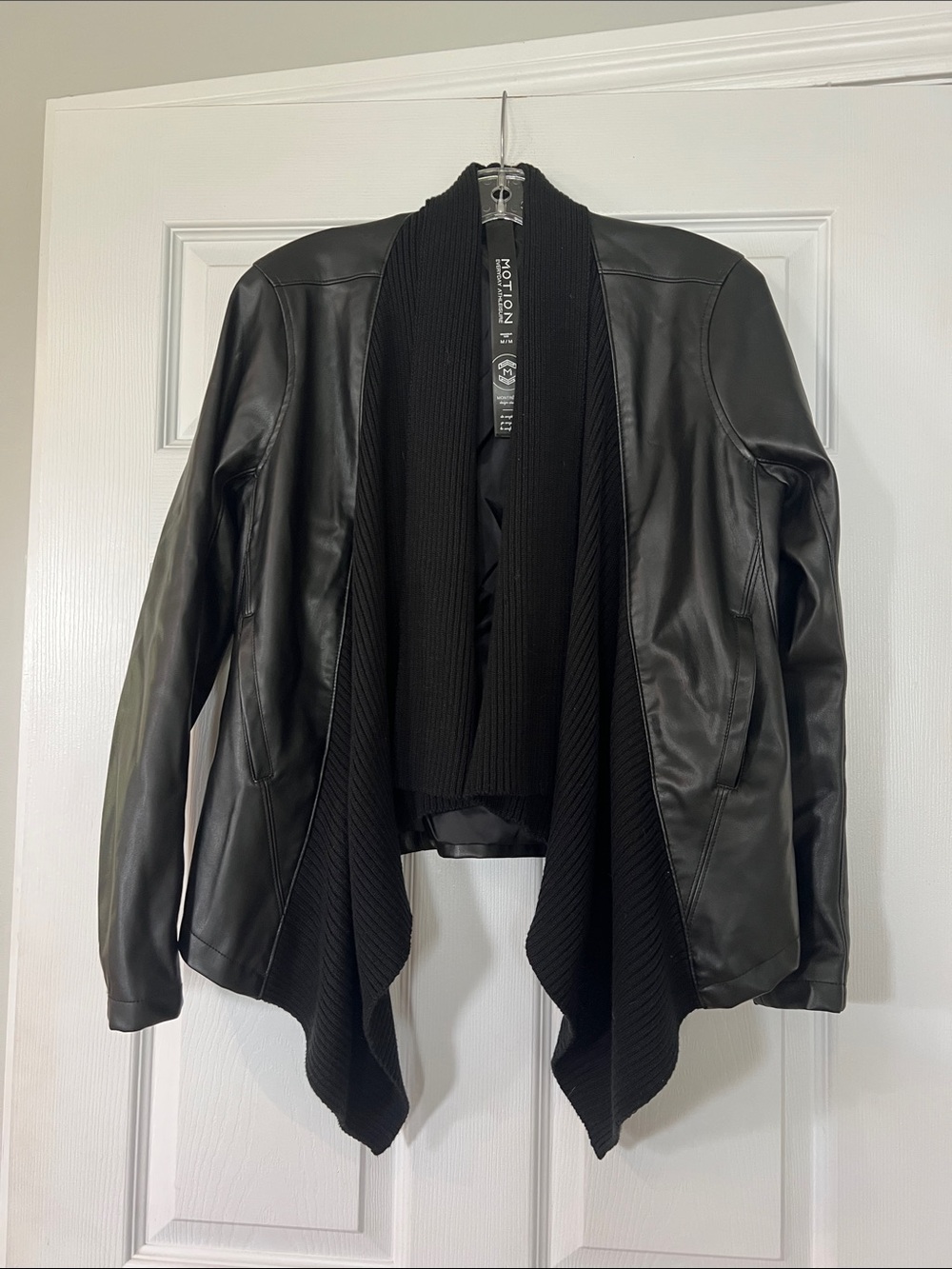 Motionwear Black Faux Leather Open Front Drape Jacket